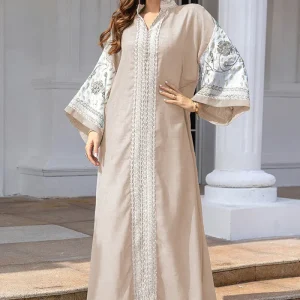 Robe Caftan Broderie kaki Élégant