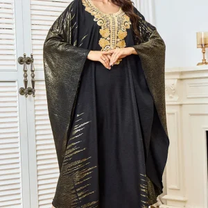 Robe caftan noire élégante imprimée avec broderie