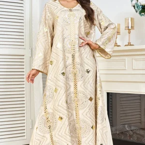 Robe caftan abricot à col rond et perles