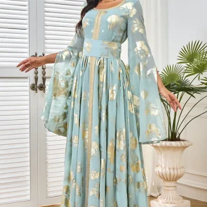 Robe caftan papillon gris vert à col rond