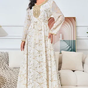 Robe caftan blanche imprimée à col en V
