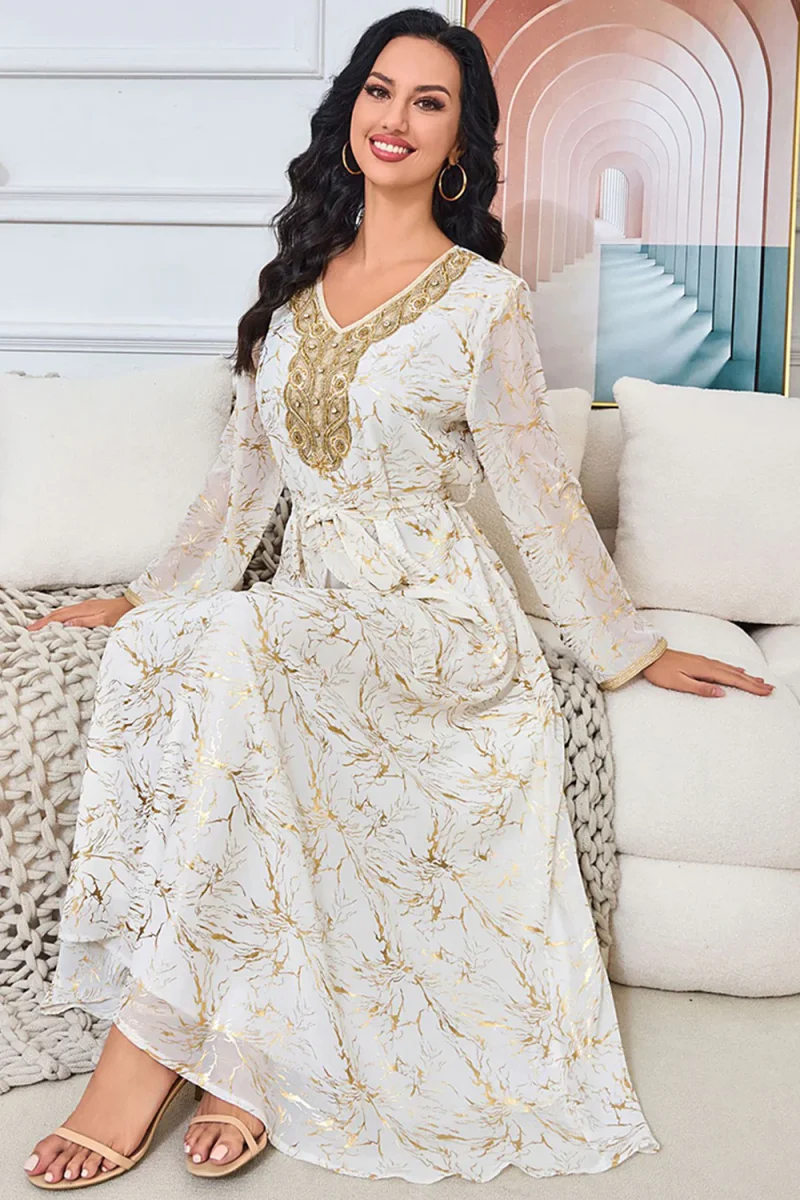 Robe caftan blanche imprimée à col en V – Image 6