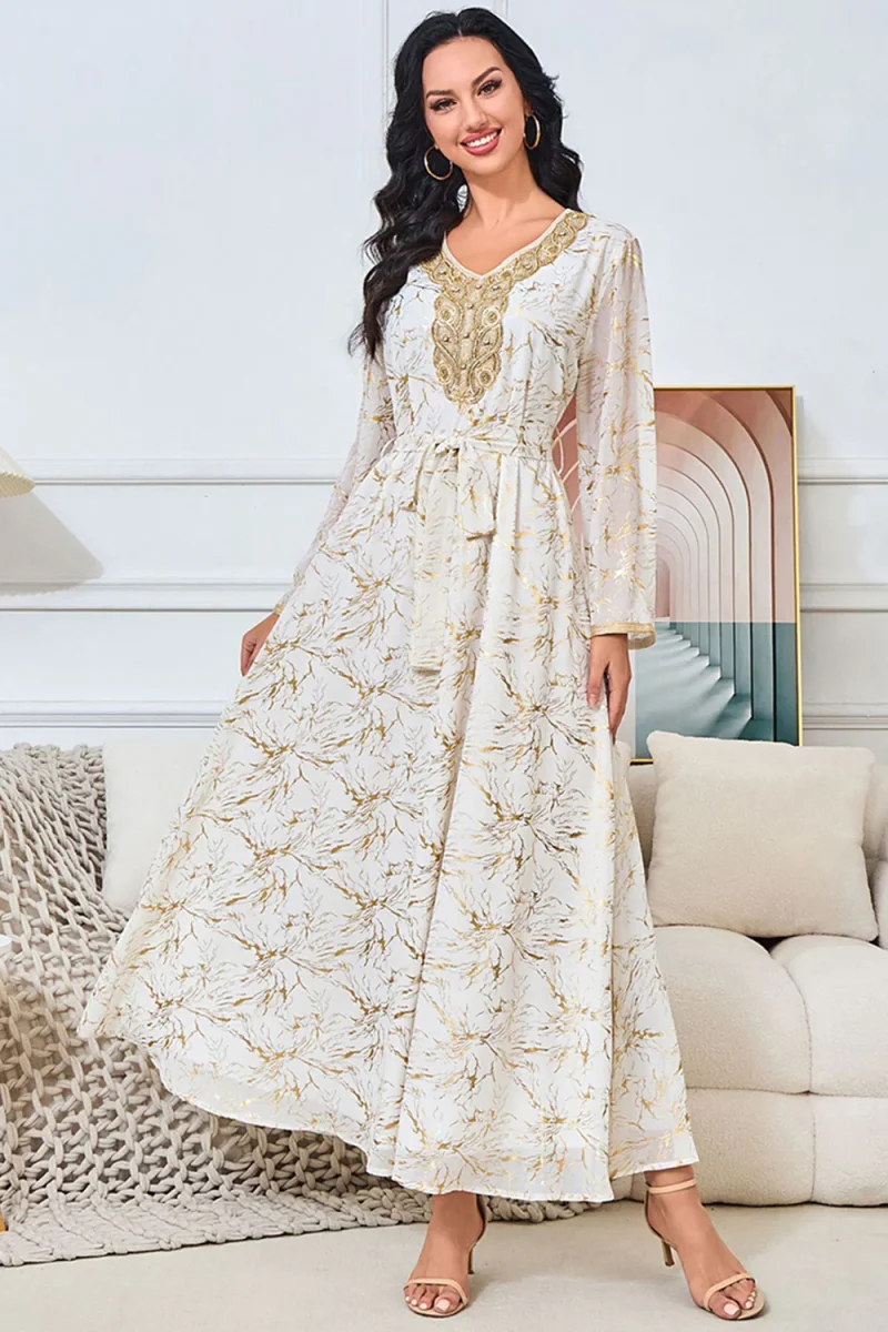 Robe caftan blanche imprimée à col en V – Image 8