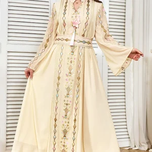 Robe caftan imprimée à col montant abricot