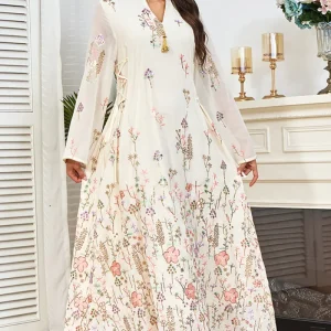 Robe caftan blanche à imprimé floral et col en V