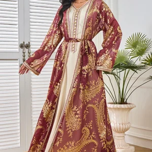 Robe caftan à col en V et appliques rose poudré