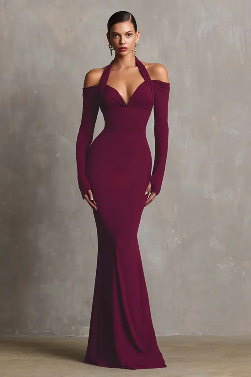 Robe formelle sirène bordeaux dos nu à manches longues – Image 5