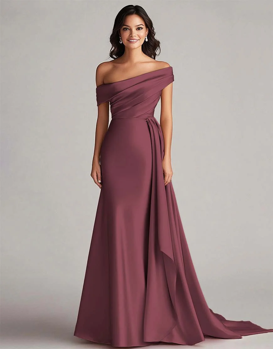 Robe de bal longue plissée à une épaule, en style sirène améthyste avec train chapelle – Image 5