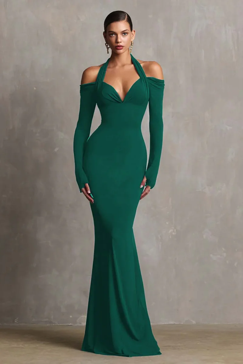 Robe formelle sirène bordeaux dos nu à manches longues – Image 6