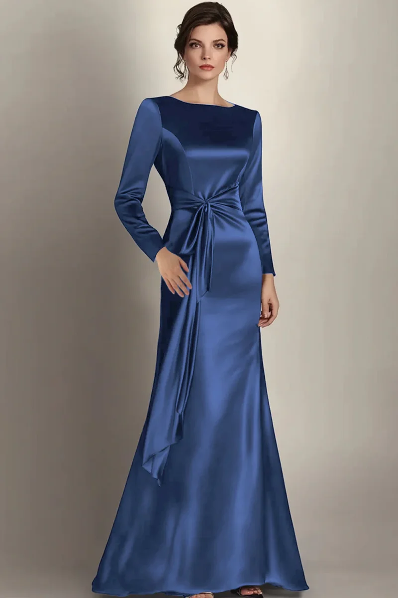 Robe Mère de la mariée en satin satiné noir à manches longues – Image 8