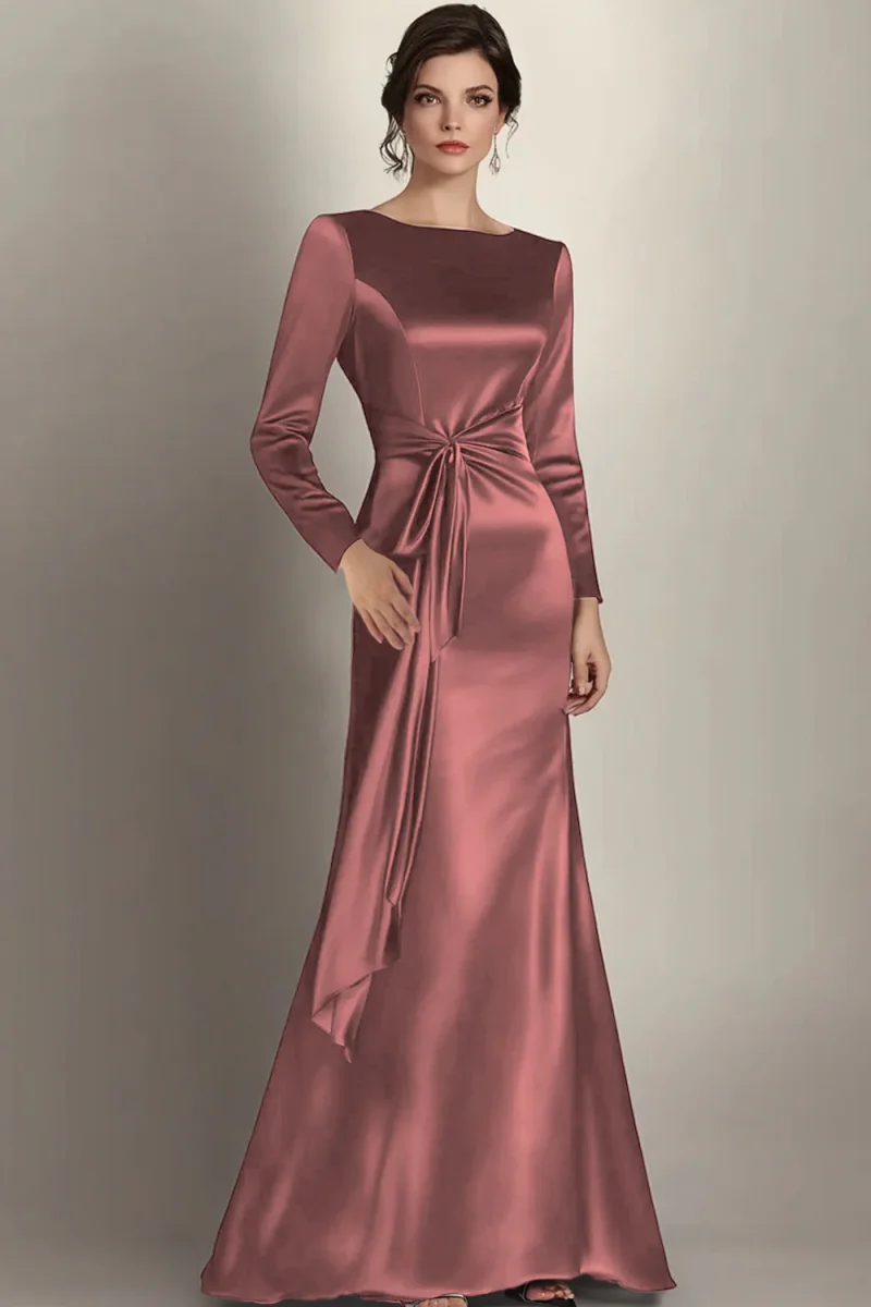 Robe Mère de la mariée en satin satiné noir à manches longues – Image 9
