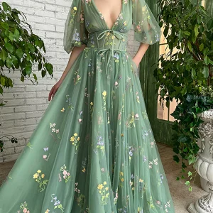 Robe de Soirée Vert en Tulle à Fleurs