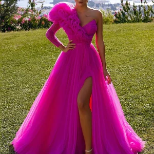 Robe de Soirée Longue Fuchsia à Une Épaule