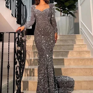 Robe de Soirée Sirène à Manches Longues Grise