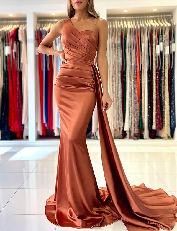 Robe de Soirée Sirène en Satin à Une Épaule – Image 2