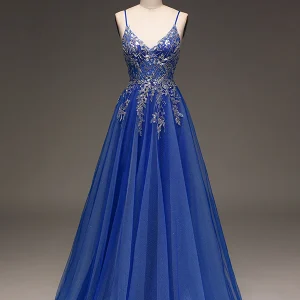 Robe de bal de fin d'année à bretelles spaghetti bleu roi Robe de bal de fin d'année avec applications