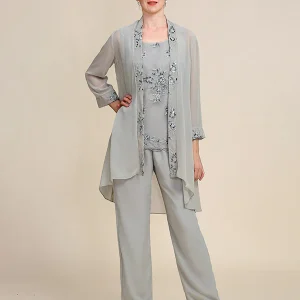 Combinaisons pantalon 3 pièces grises pour la mère de la mariée avec dentelle
