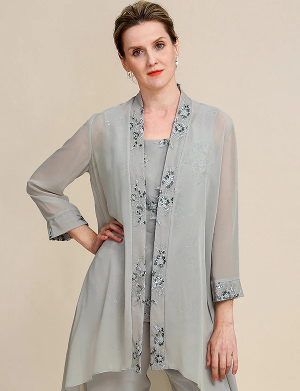 Combinaisons pantalon 3 pièces grises pour la mère de la mariée avec dentelle – Image 8