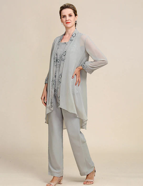 Combinaisons pantalon 3 pièces grises pour la mère de la mariée avec dentelle – Image 5