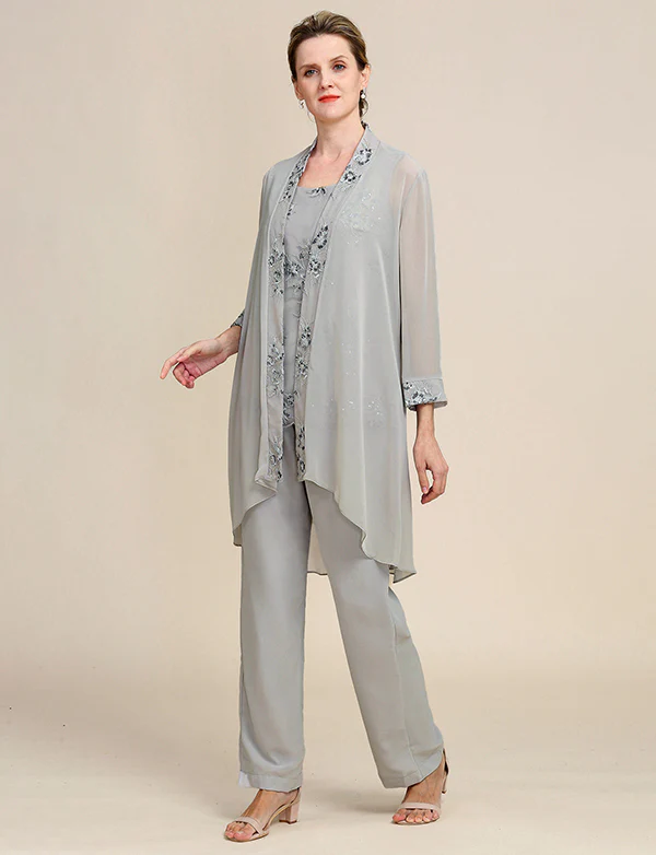 Combinaisons pantalon 3 pièces grises pour la mère de la mariée avec dentelle – Image 4