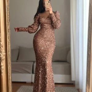 Robe de Soirée Sirène à Manches Longues et Paillette