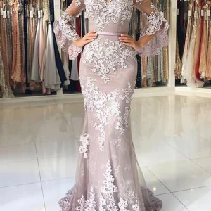 Robe de Soirée à Manches Longues en Dentelle Sirène