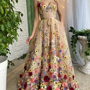 Robe de Soirée Longue Fleurie Champagne
