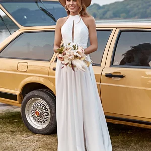 Robe de mariée en dentelle ivoire en mousseline de soie Halter Boho avec fente