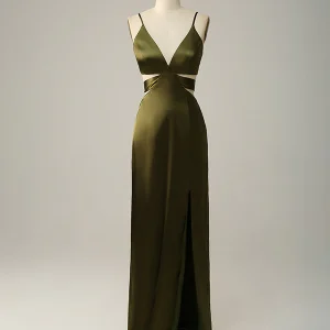 Sangles spaghetti découpées Robe de demoiselle d'honneur longue olive avec fente