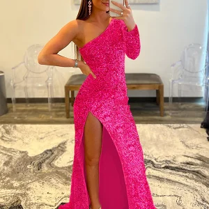 Robe de Soirée Rose à Paillette à Une Épaule
