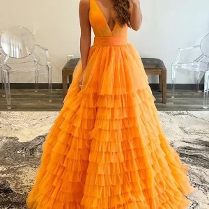 Robe de Soirée Longue en Tulle à Col en V Orange