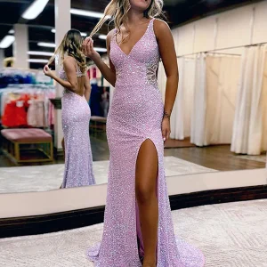 Robe de bal de fin d'année à col en V, dos creux et sans paillettes, avec fente