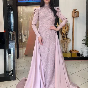 Robe De Soirée Rose à Manches Longues