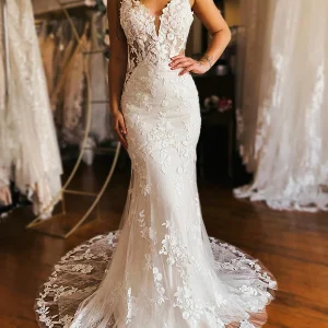 Ivoire Robe de mariée de plain-pied en fourreau sirène avec appliques magnifiques