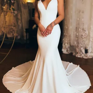 Robe de mariée en satin à encolure en V, sirène, ivoire