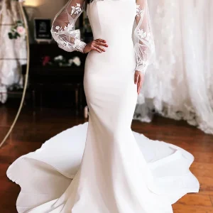 Robe de mariée sirène en satin ivoire avec manches amovibles