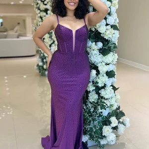 Robe de bal longue corset sirène violet foncé à paillettes