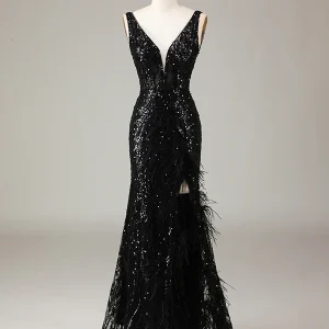 Robe formelle longue sirène à paillettes noires et plumes
