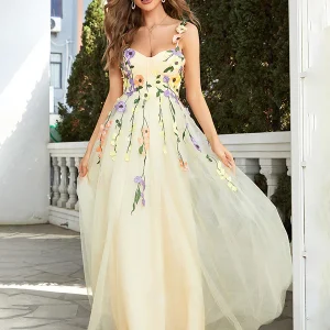 Une ligne champagne bretelles spaghetti robe de bal avec des fleurs 3D