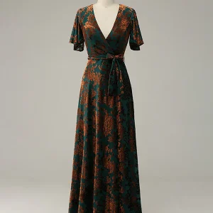 Robe de la mère de la mariée en velours brun vert foncé