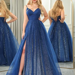 Robe de bal en tulle à col en V et à longues perles