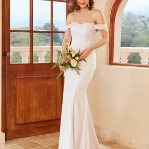 Robe de mariée blanche sirène à épaules découvertes avec dentelle