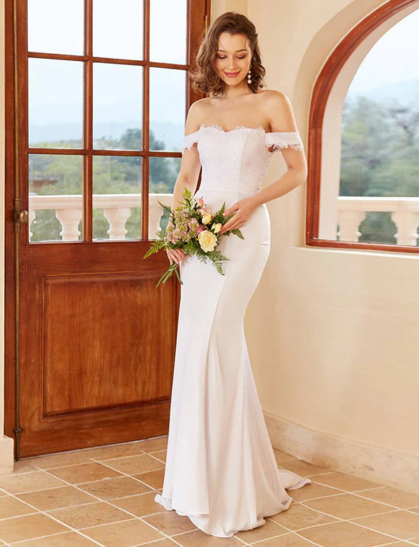 Robe de mariée blanche sirène à épaules découvertes avec dentelle – Image 2