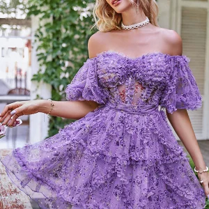 Robe de soirée mignonne imprimée à épaules dénudées