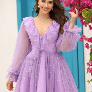 Robe de bal de fin d'année à manches longues avec étoiles en violet scintillant