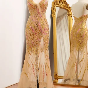 Robe de soirée sirène à bretelles spaghetti dorées avec paillettes