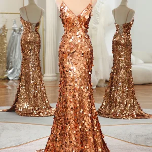 Robe longue de bal de fin d'année en or rose avec paillettes et soie