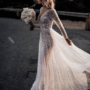 Robe de mariée à manches longues avec paillettes