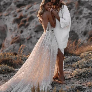 Robe de mariée Boho A-line avec col en V et dos nu