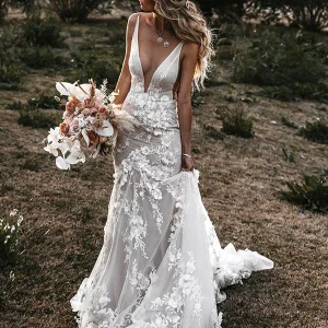 Robes de mariée sirène avec fleurs en 3D